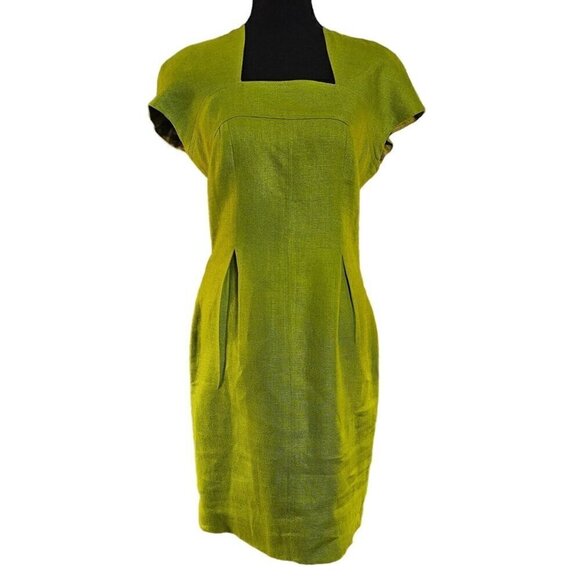 Liz Claiborne Green Linen Dress Size 6 Short Sleeve Pleated Design W Back Zipper - Picture 1 of 7